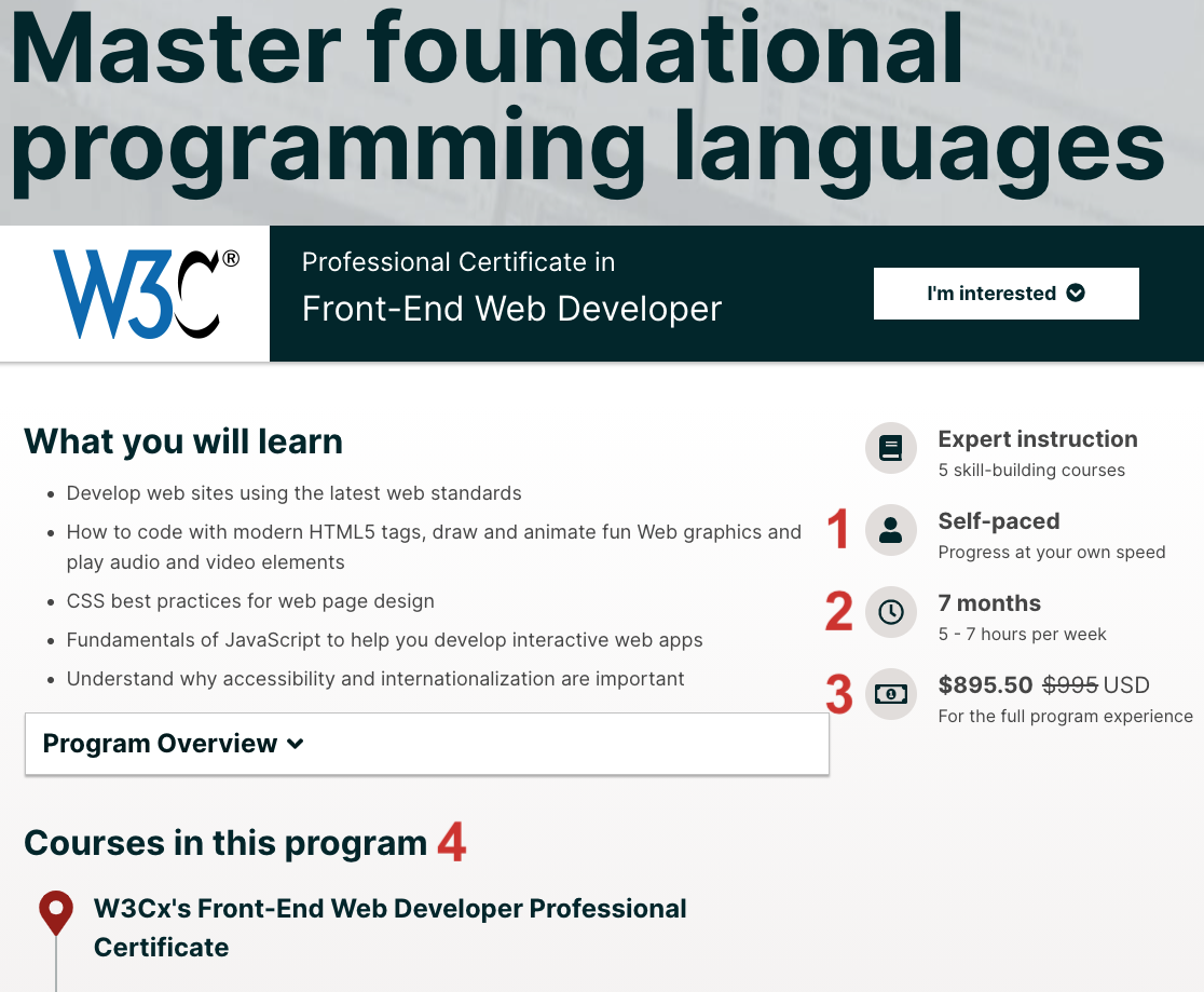 A screenshot of the program introduction page page for the Professional Certificate in Front-End Web Developer, with points of information numbered. Refer to the list below for details about each number.