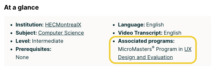 A screenshot of the At a Glance section for the course Introduction to User Experience. Circled in yellow is Associated Programs: MicroMasters® Program in UX Design and Evaluation 