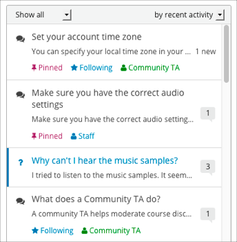 Posts in the navigation pane have indicators that show the role of the person who posted the topic (such as Staff or Community TA), whether you have already viewed the topic, whether you are following the topic, and so on.
