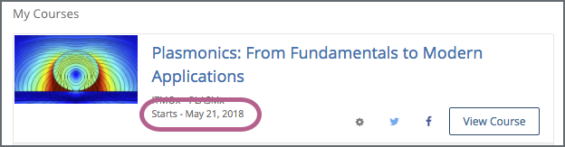 A course on the learner dashboard, with the start date below the course title.