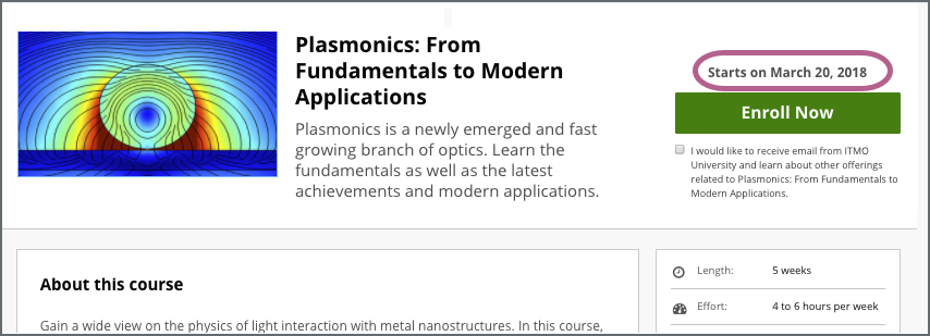 The course About page, showing the course start date above the Enroll Now option.
