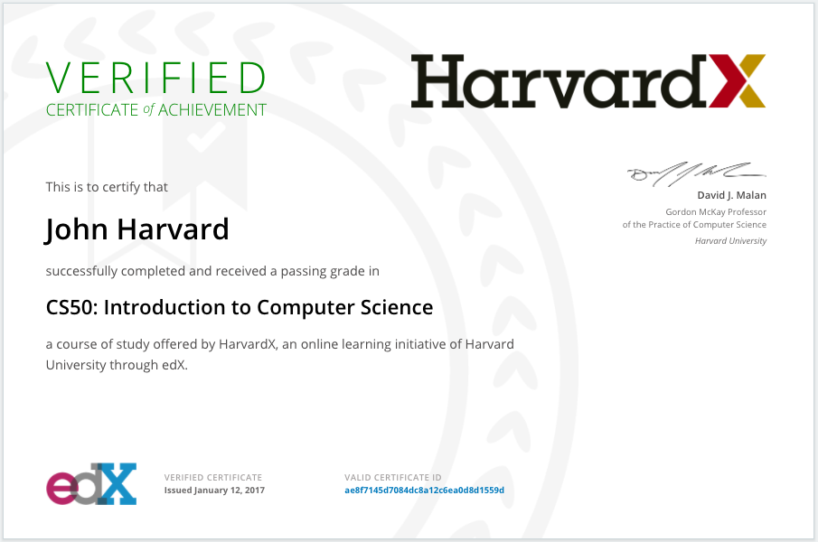 An example of a verified certificate