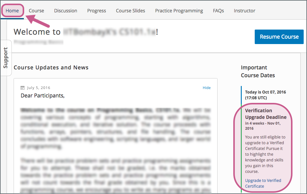 A course Home page with the verification upgrade deadline information circled.